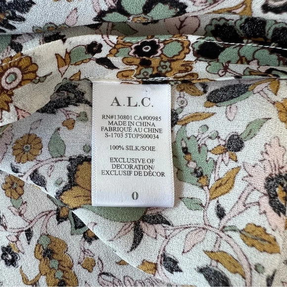 A.L.C. 100% Silk Botanical Floral Print Tassel Tie Blouse 0 Classic Boho Casual - Picture 3 of 4